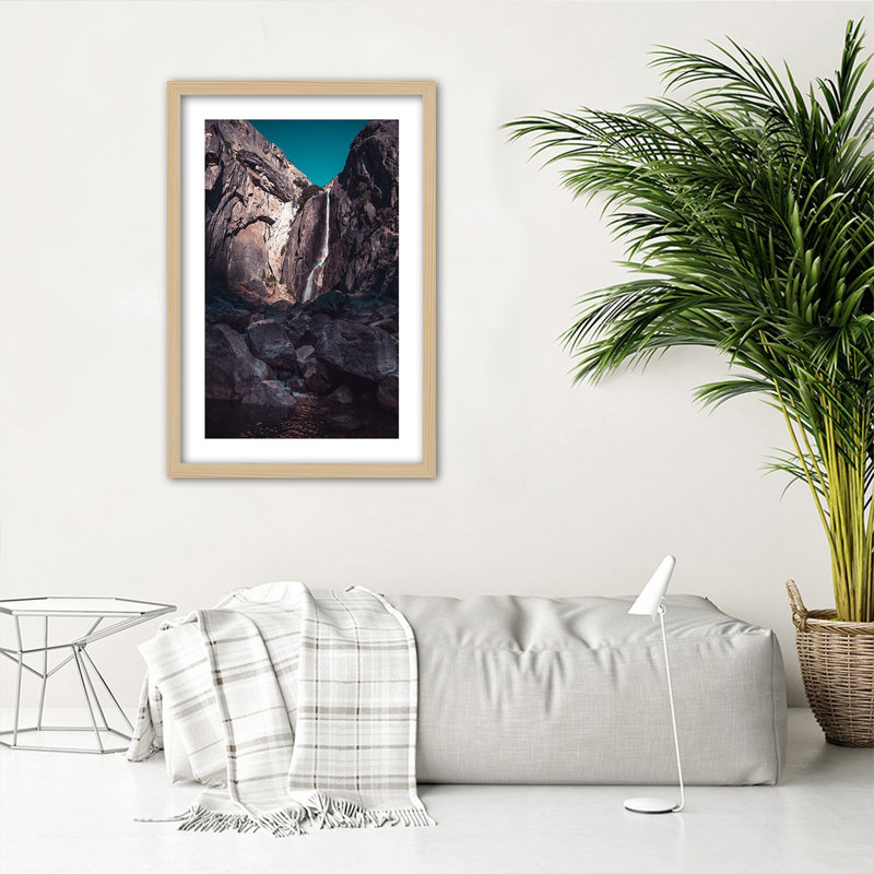 Waterfall Rocks Nature 1 Piece Single Picture Frame Wall Art, 100cm H x 70cm W, Light Brown