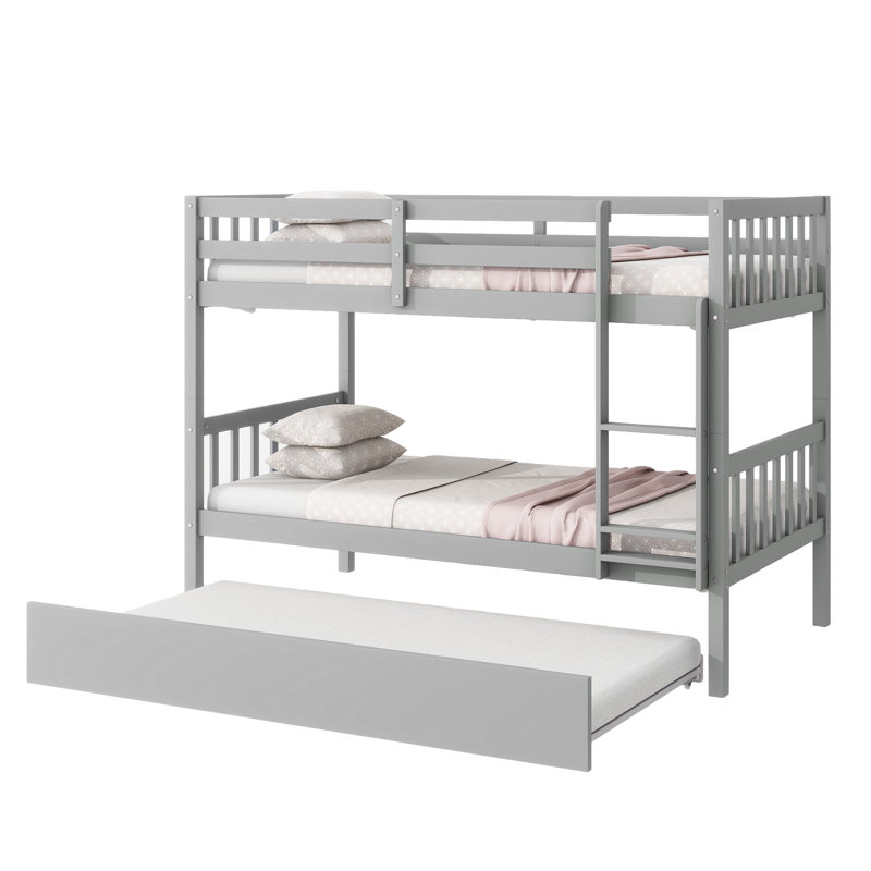 Everwyn Twin Over Twin Rubber Wood Bunk Bed with Trundle, Convertible to 2 Twin Beds, Natural, Gray