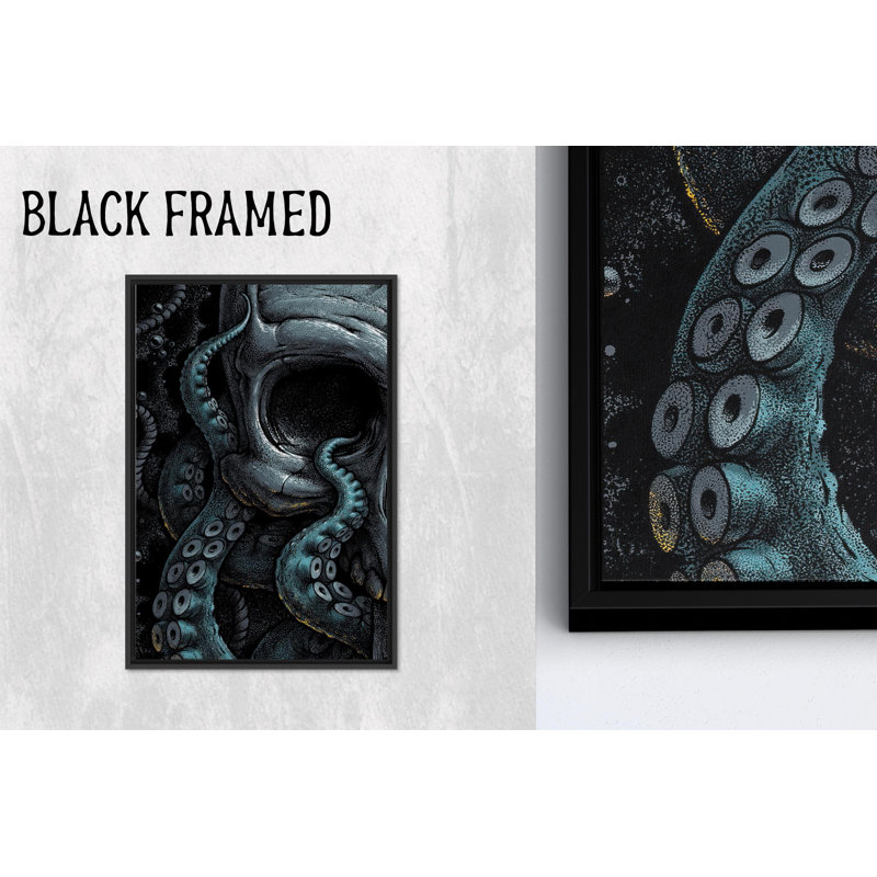Impression de toile de crâne de pieuvre: art moderne d'horreur, option de verre trempé, toiles à cadre noir 1P