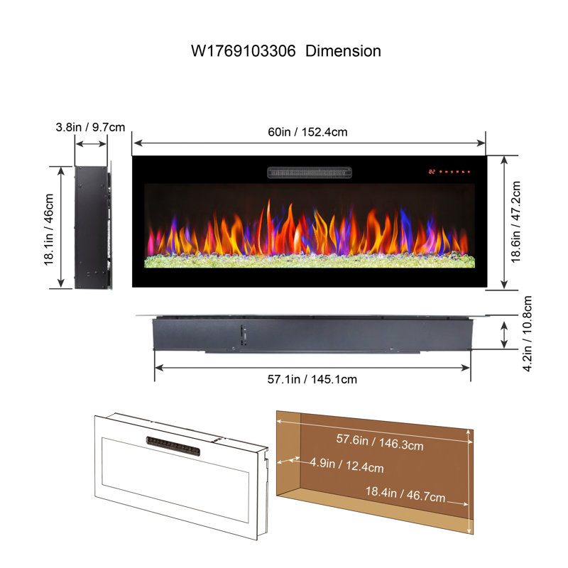 Recessed Thin Tempered Glass Electric Fireplace with Remote, Multi-Color Flames, and LED Light Heater