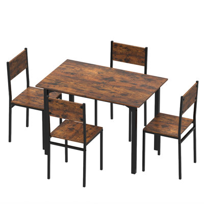 5-Piece Dining Set for 4, Industrial Style Kitchen Table & Chairs w/Sturdy Metal Frame, w/1 Rectangular Table & 4 High Back Chairs