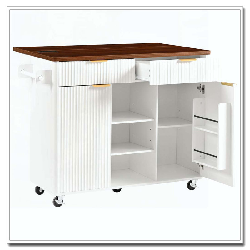 Îlot de cuisine 52 po cannelé avec rallonge, prise de courant, chariot de rangement de cuisine avec tablettes réglables, 2 portes et 2 tiroirs