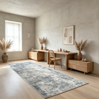 Blue Grey Abstract Wide Runner 4'x10' Non-Slip Modern