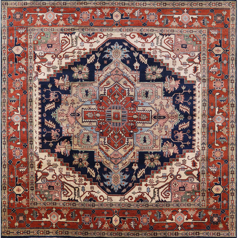 Tapis oriental rouge et bleu, Carré 7 pi