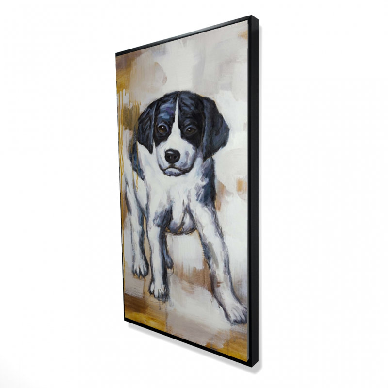 Curieux chiot - toile noire encadrée, H 49,25 po x l 25,25 po