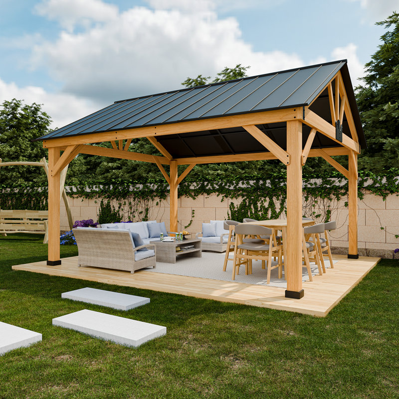 Pavillon de jardin en bois massif avec toit en acier galvanisé et crochet de plafond, 13 x 15 pi