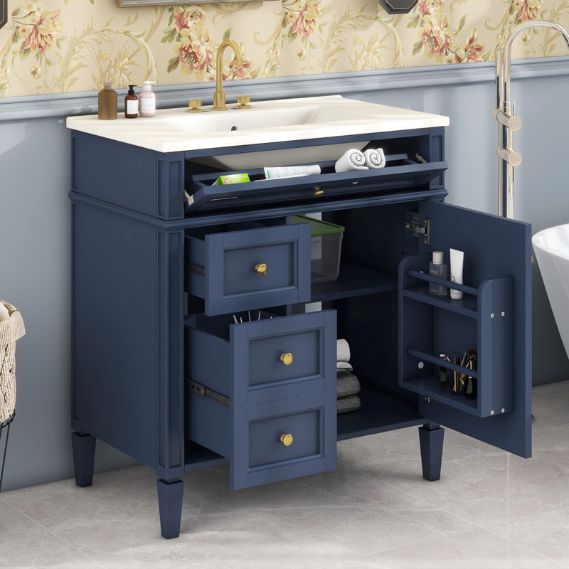 Ensemble de meuble-lavabo avec lavabo, 2 tiroirs et un tiroir basculant, Bleu foncé / or