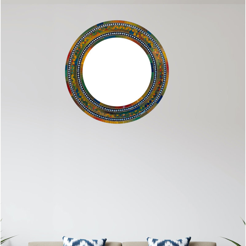 Tarrade Mosaic Mirror, Wall Art Décor – Handcrafted Decorative Wall Mirror, Autumn Green, Deep Blue, and Brown Round Mosaic Mirror, 24” Frame, 16" Mirror
