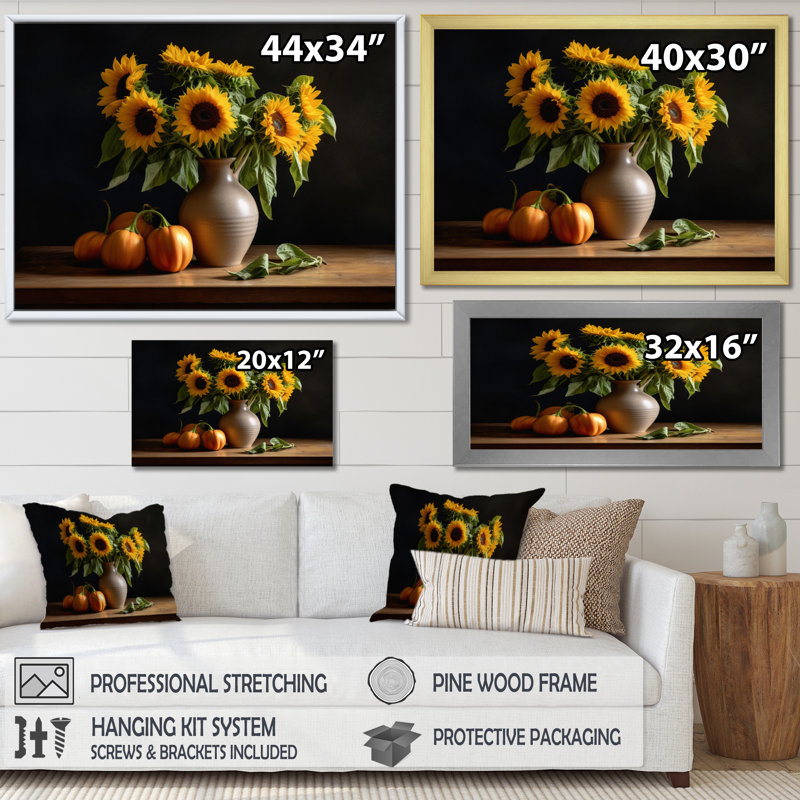 «Golden Sunflower Still Life I», reproduction sur toile, H 16 po x l 32 po x P 1 po, Cadre flottant doré