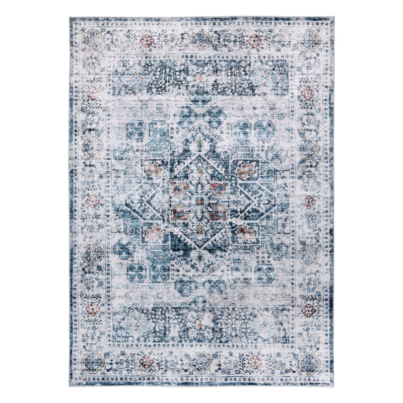 Winston Porter Blue/Coral Machine Washable Area Rug – Non-Slip, Stain Resistant, GRS Certified, for Bedroom, Living & Dining