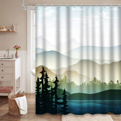 Nature Mountain Forest Lake Hills Green Shower Curtain with 12 Hooks