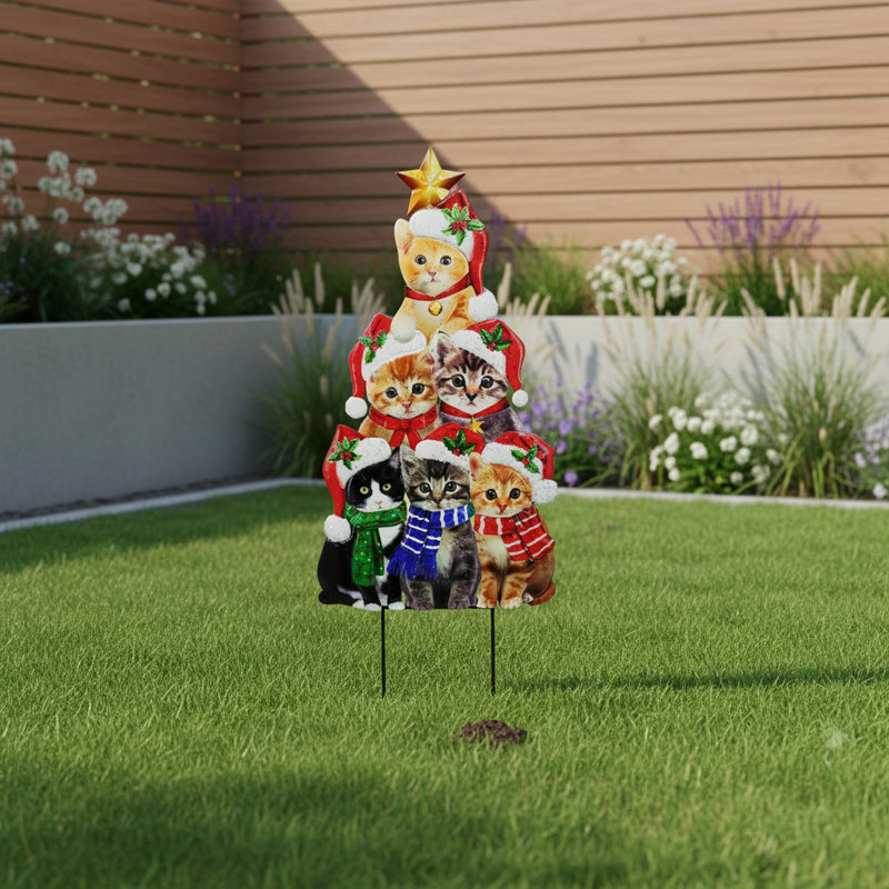 30" Cute Cat Christmas Yard Stakes - Santa Hat Stacking Tree-Shaped Outdoor Lawn Decor