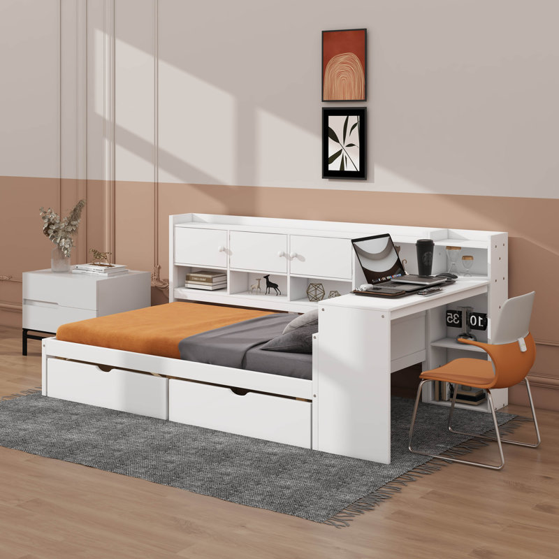 Full Multi-Functional Wooden L-Shaped Daybed, Boasting Seven Storage Cabinets & Two Drawers, Includes Study Desk & Built-In Bookshelf
