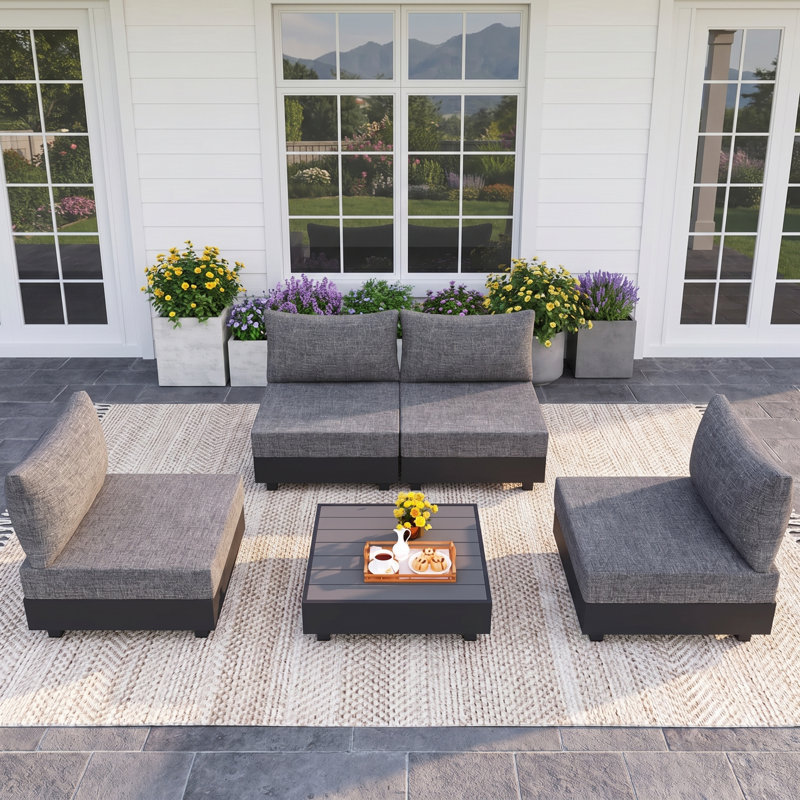 Modular 5-Piece Outdoor Patio Set, All-Aluminum Patio Furniture Sets with 6" Thicken Cushions, Weather-Resistant Patio Conversation Sets for Backyard, Deck, Garden