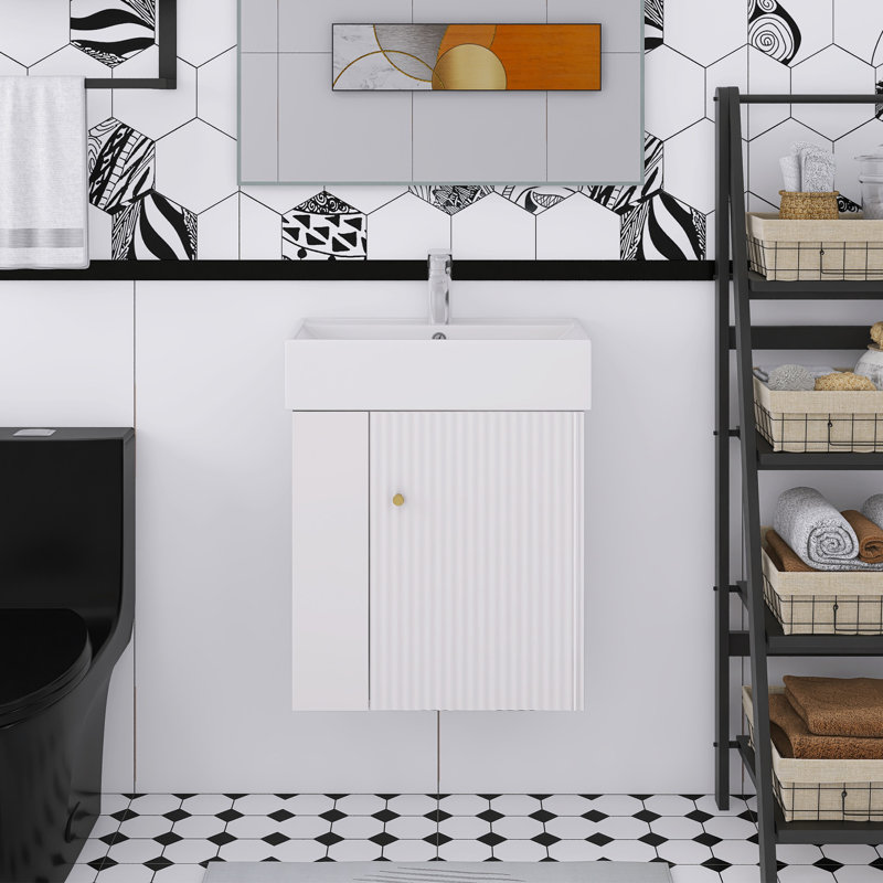 Meuble-lavabo mural 22 po avec lavabo en céramique et rangement à gauche, Blanc