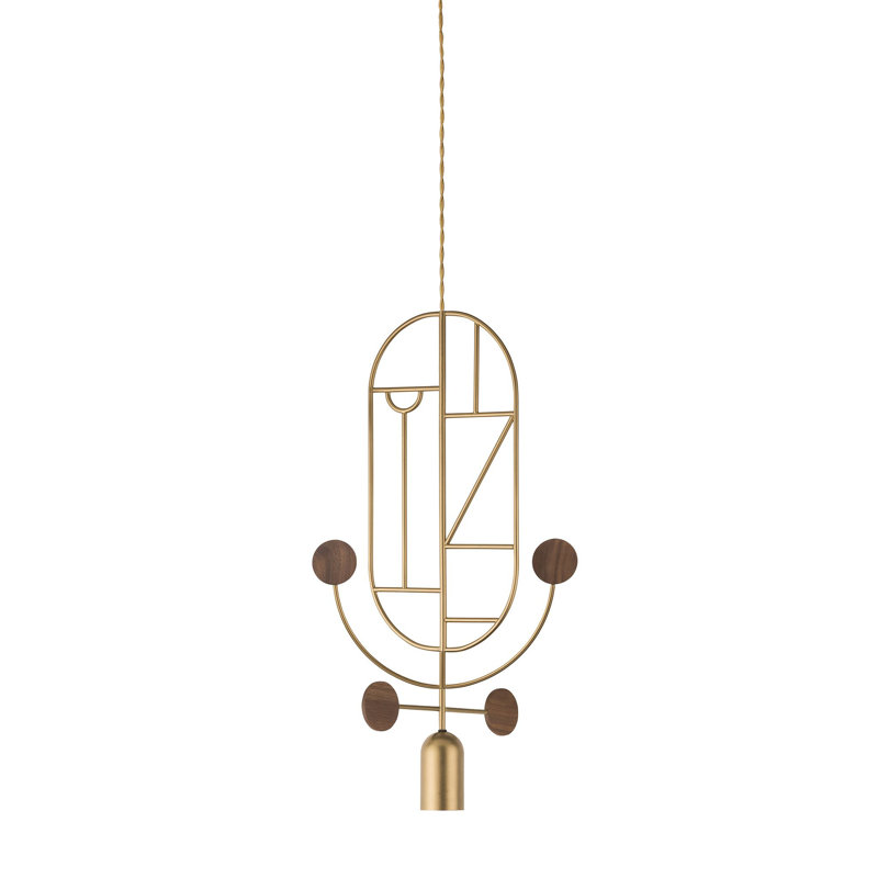 Luminaire suspendu géométrique unique à 1 lumière H 23,6 "à pois en bois avec 1 tige courbée, Noyer, Laiton