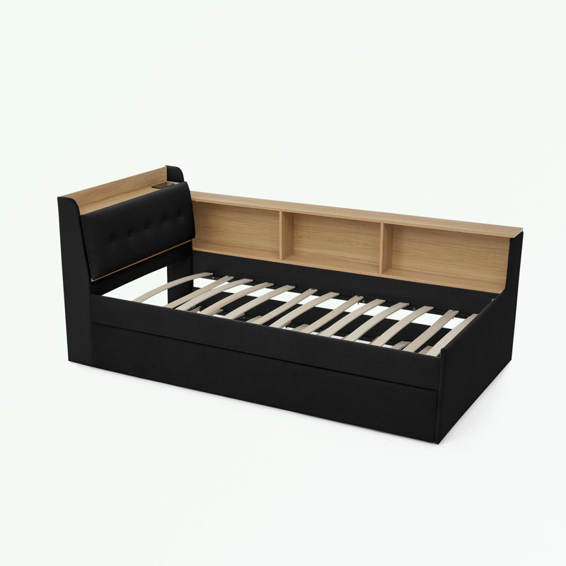 Twin Size Upholstery Velvet Daybed with Trundle Bed & LED Lights, Black