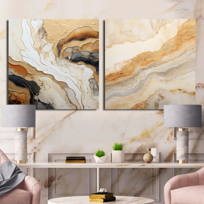 Or et blanc Marble River - ensemble de 2 collages carrés abstraits en marbre