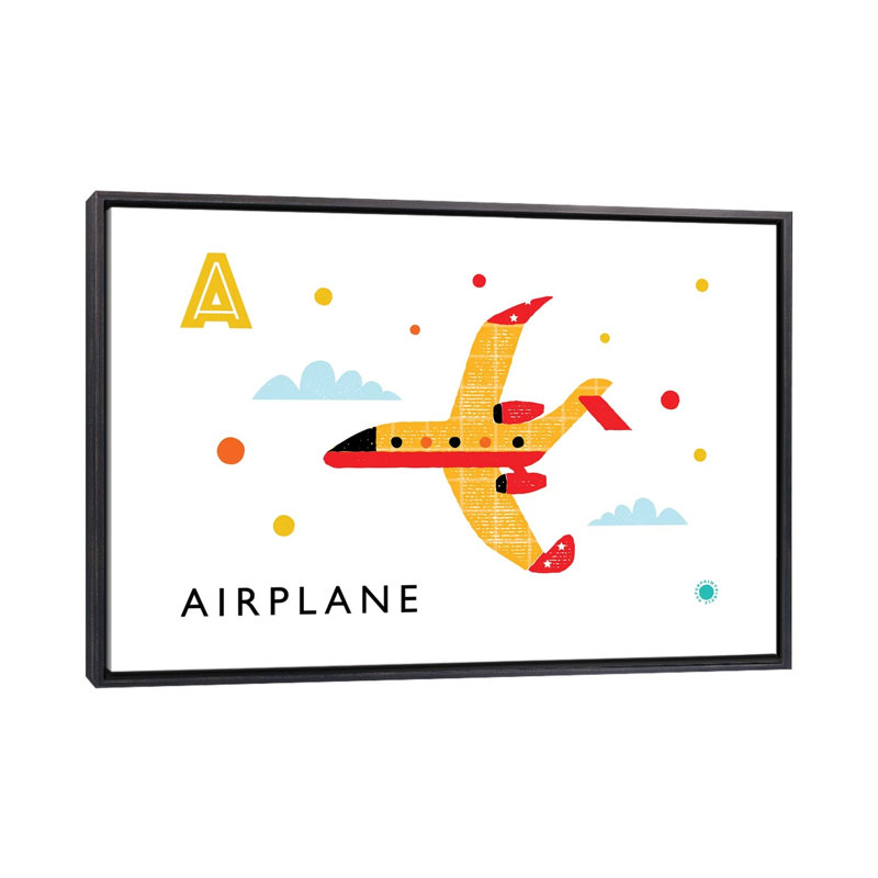 A is for air plane - impression d'art graphique, H 40 po x l 60 po x 1,5 po, Toile avec cadre noir patiné, Pas de tapis