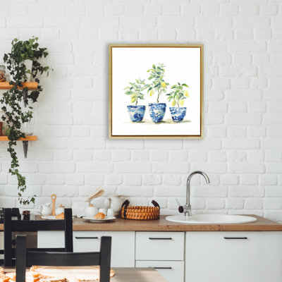 Lemons In Blue Pots Floating Frame, design by Svetlana Aleynikova