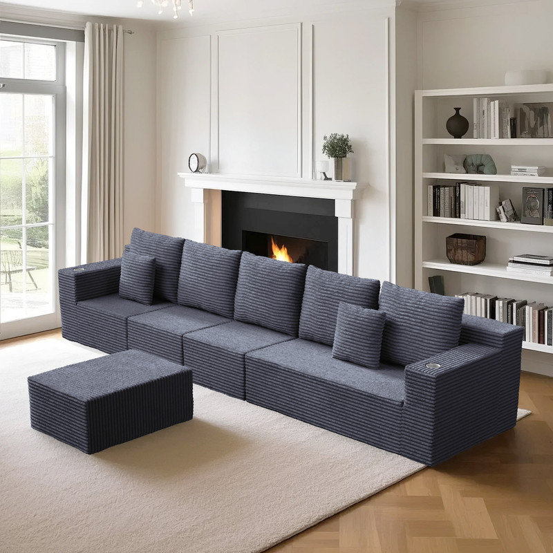 Modular L-Shaped Corduroy Sofa with Cup Holders and Movable Ottoman, Grey Corduroy