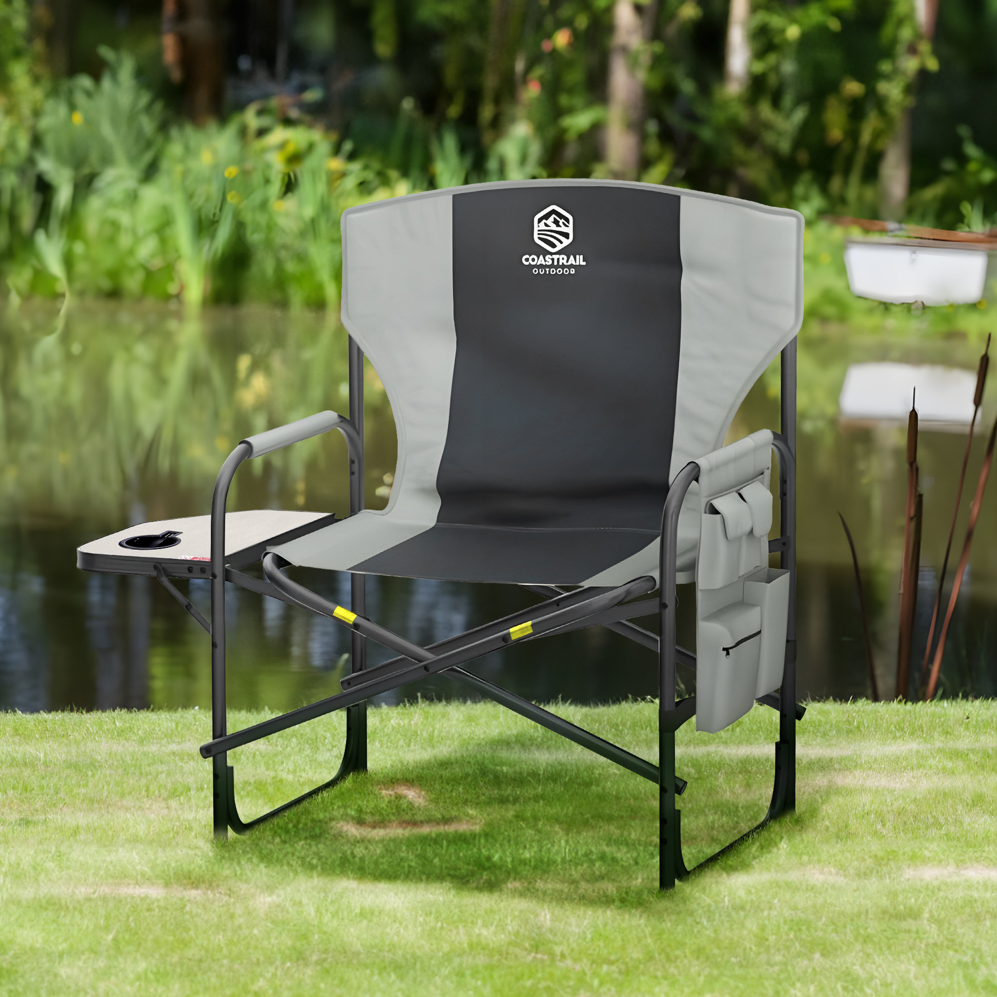 Erwann Oversized Padded Camping Folding Chair with Cup Holder Freeport Park Fabric Color: Black/Gray