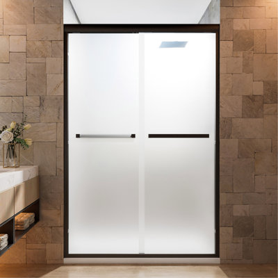 44-48" W x 72" H Framed Double Sliding Shower Door, 1/4" (6mm) Frosted Ultra-Clear Tempered Glass with nano self-cleaning coating, Matte Black Finish, Reversible Installation