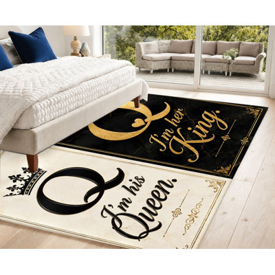 Tapis d'intérieur élégant avec couronnes de roi et de reine, motif vintage noir, blanc et or, antidérapant, idéal pour le salon, la chambre ou un appartement. Cadeau parfait pour la Saint-Valentin.