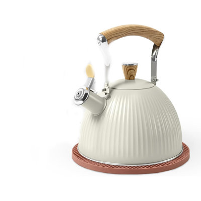 Bouilloire à sifflet de 2,5 pte, théière en acier inoxydable 18/8 de qualité alimentaire avec poignée en bois de silicone et coussin isolant thermique