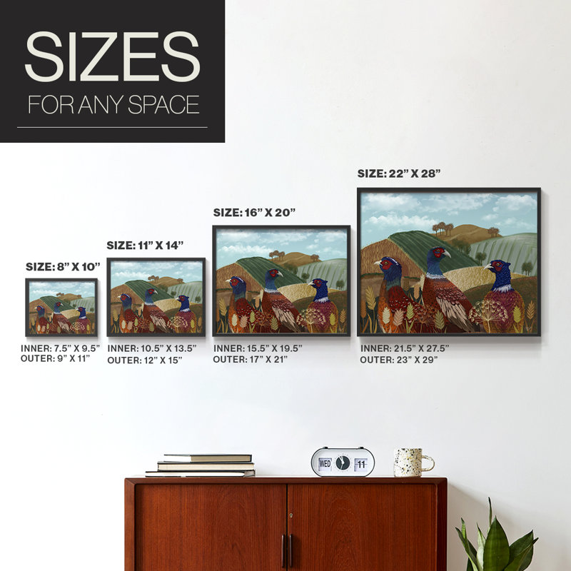 Trio de faisans dans un champ - Reproduction encadrée - Restickable, H 11 po x l 14 po, Noir, noir, noir, noir
