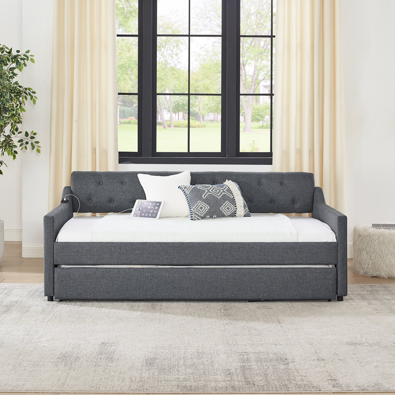 Modern Upholstery Daybed With Erectable Trundle And USB Charging Design, Linen, Dark Gray