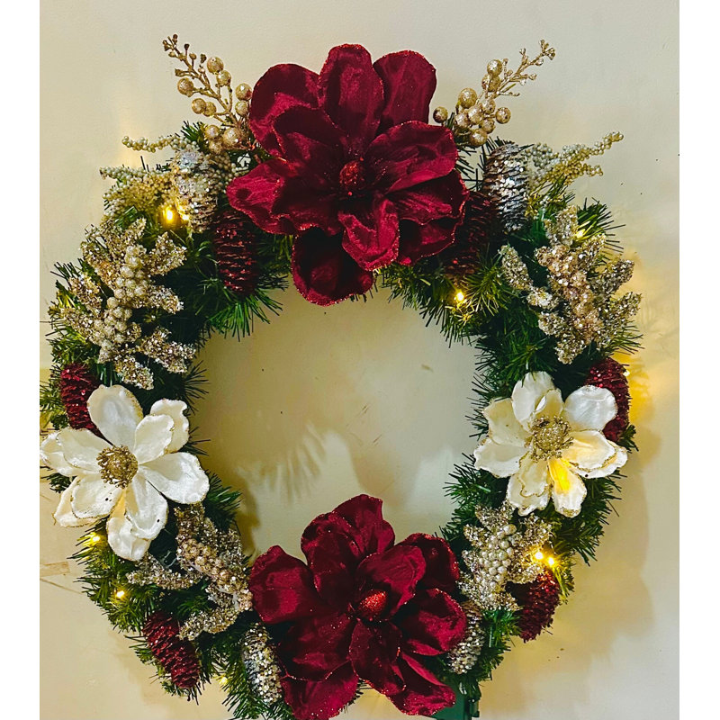 Couronne de Noël bourgogne et métallique pré-éclairée: couronne de Noël bourgogne, blanche, platine et or / champagne
