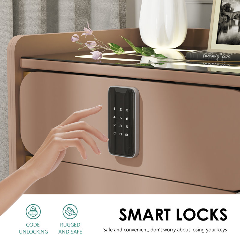 20 Inch Tall Green & Beige Modern Luxury Smart Two Drawer Nightstand with Password Lock Wireless Charging and Black Legs for Bedroom