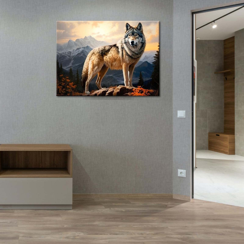 Wolf Wall Art Canvas Wolf In The Mountains Wildlife Landscape Forest Rocky Poster Artwork, 40 cm H x 60 cm W
