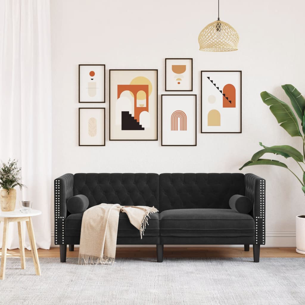 Ebern Designs Chesterfield Sofa With Bolsters 2-Seater Black Velvet Ebern Designs Chesterfield Sofa With Bolsters 2-Seater Black Velvet