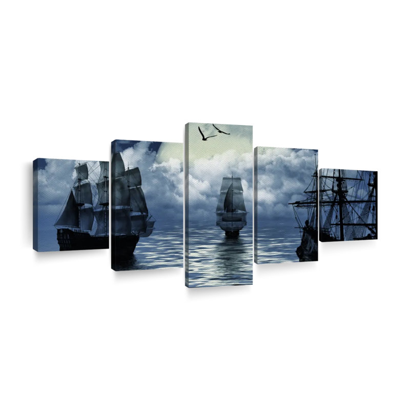 Vieux bateau à voile sur toile 5 pièces, H 55 po x l 24 po x P 1,25 po