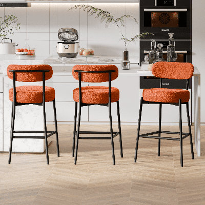 Sherpa Counter Height Bar Stools Set of 3 Modern Upholstered Barstools with Curved Open Back/Round Seat Boucle Comfortable Bar Chairs for Kitchen Island, 24.6 Inch