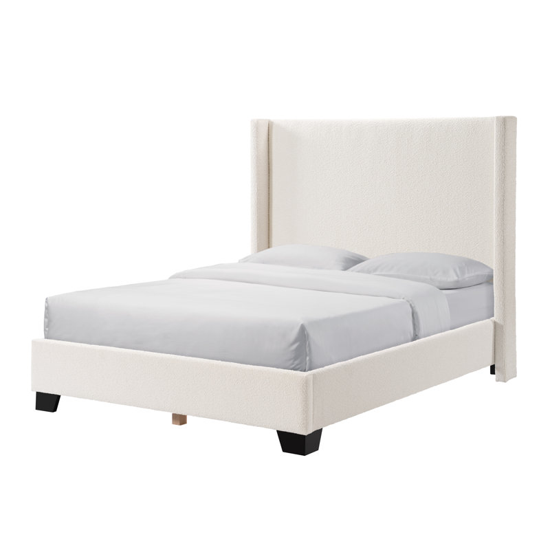 Reinette Upholstered Wingback Platform Bed, Queen, White Boucle