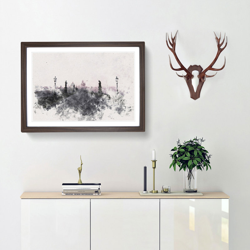 Charles Bridge in Prague 1 Piece Single Picture Frame Painting on MDF, 62cm H x 87cm W x 2cm D, Walnut Framed