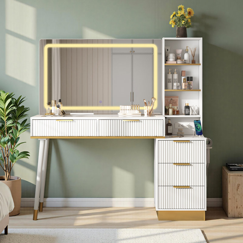  Meuble-lavabo 48 po avec grand miroir lumineux de 35 po, 5 tiroirs, tablettes et station de charge, blanc, Blanc