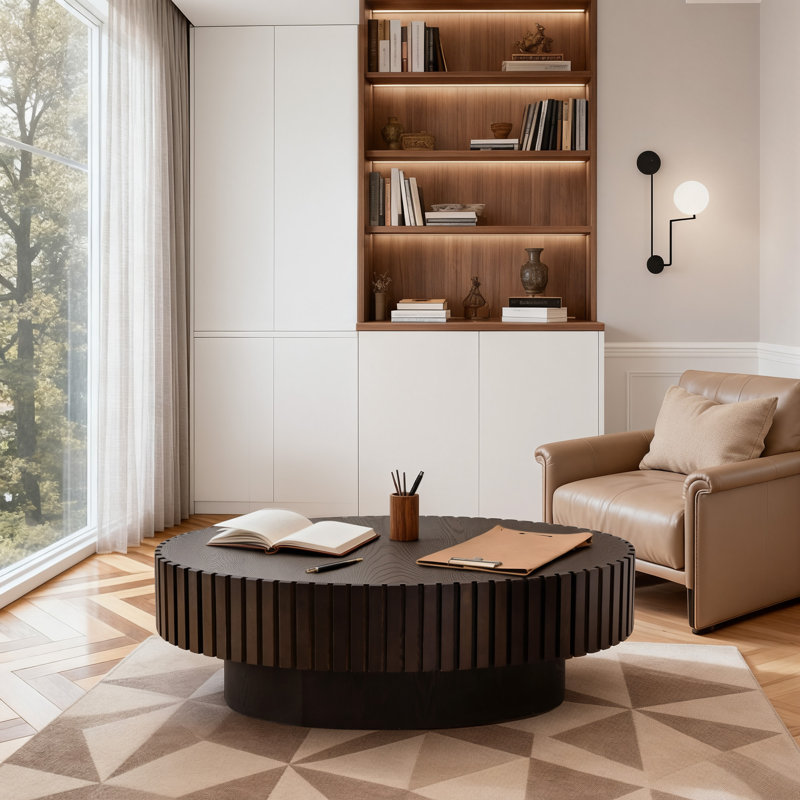 43.5'' Modern Oval Wooden Olive-shaped Coffee Table With Solid Wood Fluted Design For Living Room, Walnut/Black