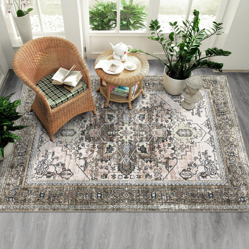 Oriental Machine Washable Rug with Rubber Backing for Living Room Vintage Non-Slip Dining Room Rug Easy-Cleaning Floor Carpet for Bedroom Office Nursery Playroom