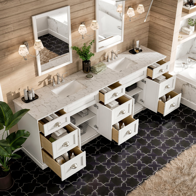 Ensemble de meuble-lavabo double l 96 po x P 22 po x H 34 po Didomenico, Nickel brossé, Blanc