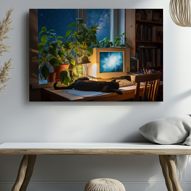 Toile, une scène d'intérieur douillette représentant un bureau encombré baigné dans un art mural, H 9 po x l 12 po