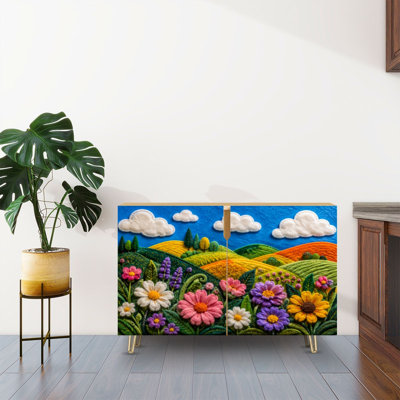 Buffet buffet avec rangement en feutre coloré à fleurs vibrantes avec 2 portes pour le salon et la cuisine