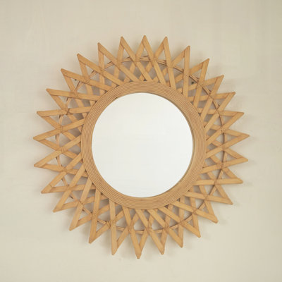 24" Wall-mounted Bamboo Artistry Circle Mirror with Hemp, Irregular Shape, Suitable for Bathroom, Bedroom, Living Room, Entryway