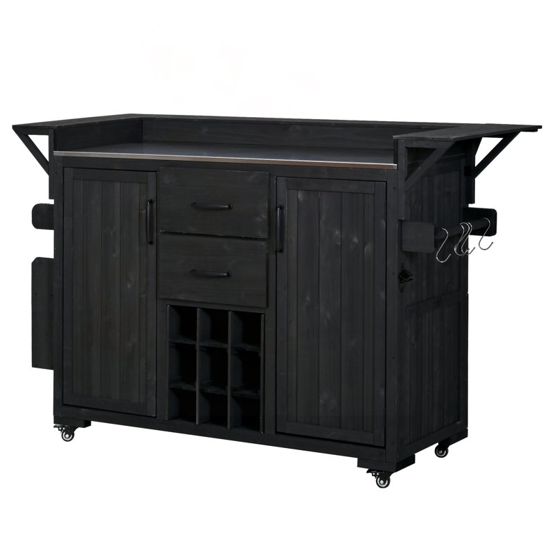 Modern 60.2"W Outdoor Kitchen Island with Stainless Steel Top, Wine Rack & Spice Rack (Black), Black