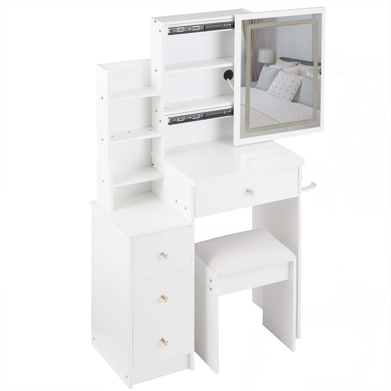 29.2" Small Size Left Bedside Cabinet Vanity Table   Cushioned Stool, 2 AC 2 USB Power Station, Hair Dryer Bracket, Extra Large Touch Control Sliding LED Mirror, Tri-Color Switching, Brightness Adjust