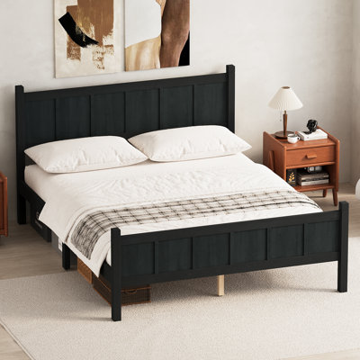 Queen Size Flat Panel Bed with Headboard & Footboard, Minimalist Modern Platform Bed with Wood Grain Finish, Shaker and Farmhouse Style Design, Sleek and Functional Bedroom Furniture,Black