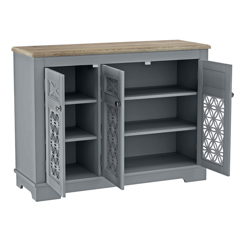 Grey 3 Door Hollow Carved Glass Storage Sideboard, Farmhouse Wood Top Buffet Cabinet with Adjustable Shelves, Decorative Credenza Server Cabinet for Dining Room Kitchen